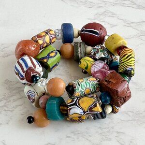 Venetian Millefiori Beads, African Trade Beads, Gemstone Memory Wire Bracelet
